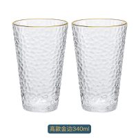 家用耐热日式纹理金边玻璃杯圆形复古透明咖啡杯喝水杯子ins风 金边高款[2个装]