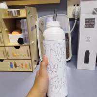 韩版简约小清新保温杯文艺女学生ins可爱卡通创意便携不锈钢水杯 吸管保温杯【500ML】白色