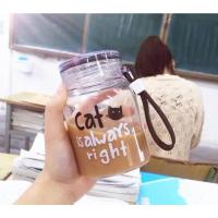 韩国猫咪玻璃杯创意便携水杯学生随手杯可爱提绳茶杯男女韩版杯 喵星人[黑猫]
