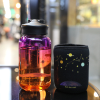 星空渐变色水杯ins风韩版网红高颜值大容量便携耐高温创意玻璃杯 红色渐变星球玻璃杯600ml 带杯套赠杯刷