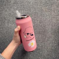黑色小雏菊吸管杯权志龙同款易拉罐保温杯GD男女便携式车载水杯子 粉色头像雏菊