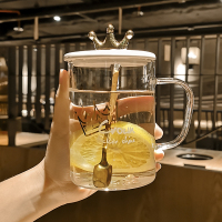 家用创意耐热玻璃水杯可爱马克杯办公室少女花茶杯子高级感带盖勺 玻璃杯-白金盖皇冠[带盖勺]