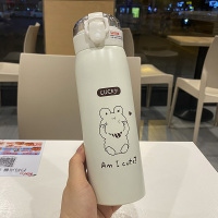 304不锈钢真空保温杯带吸管杯子女ins风大人产妇水杯学生可爱简约 米色500ml 0203