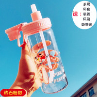 韩版卡通创意玻璃杯韩国女学生清新可爱便携吸管水杯女士的茶杯子 450ml砖石粉豹+吸管+杯套 收藏送杯刷吸管刷