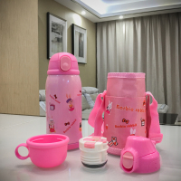小学生保温杯不锈钢儿童卡通水壶幼儿男女宝宝便携吸管水杯子刻字 粉色 四盖套装+礼品
