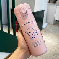 简约弹跳盖保温杯可爱少女心杯子ins日式水杯女学生便携直饮杯子 粉呆萌泰迪豇豆保温杯400ML