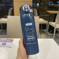 弹跳盖保温杯带吸管创意儿童学生少女便携个性潮流可爱情侣喝水杯 蓝色500ML(HS-0203)