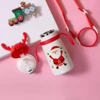 保温杯儿童手柄背带两用吸管杯兔子胡萝卜水杯幼儿园304不锈钢 白色316两用圣诞老人380毫升 印照片+刻字