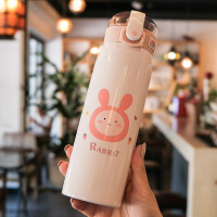 官方小孩保温杯带吸管学生可爱便携简约少女儿童喝水精致卡通 浅粉兔子-500ml