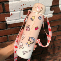 保温杯女学生大容量水杯便携可爱个性儿童少女简约清新森系男杯子 粉渐变带贴纸/750ml+背带