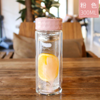 商务双层玻璃杯男女士便携隔热水杯带盖过滤网茶杯清新简约茶水杯 5382粉色羽毛350ml+杯刷 双层玻璃杯