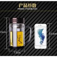 带把玻璃杯透明大容量办公室茶杯双层耐热带盖过滤男女士加厚水杯 玫瑰红-黑水晶底