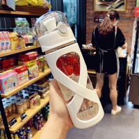 网红创意简约便携玻璃杯韩版男女士学生个性潮流水杯双层隔热杯子 白色 送杯刷