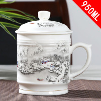 景德镇茶杯 陶瓷带盖杯子家用大容量水杯把手办公室青花瓷杯刻字 大 雪景(950ML)