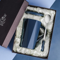 杯子陶瓷水杯创意个性潮流马克杯带盖勺ins简约男女咖啡茶杯家用 藏蓝色几何杯(专属勺+礼盒装)