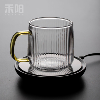 耐高温玻璃带把泡茶杯简约家用线纹玻璃杯个人喝水杯绿茶杯子 带把玻璃线纹茶杯—黄色+暖杯垫