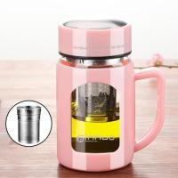 玻璃杯带把茶水分离家用水杯女带盖喝水便携办公室花茶杯子泡茶杯 亮面粉500ml+杯刷[茶水分离]