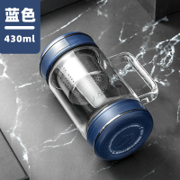 富光双层玻璃杯大容量泡茶水杯办公室茶杯玻璃杯家用随手杯带手柄 新款蓝色430ml带过滤网