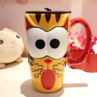 仟度彩绘陶瓷杯创意可爱马克杯带盖带勺咖啡杯大容量卡通水杯茶杯 桔色惊喜