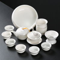 创意陶瓷青花玲珑功夫茶具家用泡茶杯茶壶一壶两六杯简约盖碗茶艺 蜂窝玲珑12头茶具(大套组)