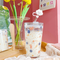 ins风家用简约卡通可爱玻璃杯少女心学生水杯办公室茶杯吸管杯子 星座套装 盖+云朵+玻璃吸管
