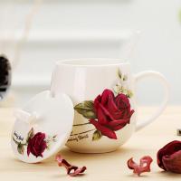 可爱创意杯子情侣骨瓷杯马克杯带盖带勺水杯陶瓷茶杯订制logo 一支玫瑰