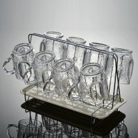 家用刻花玻璃水杯套装透明耐热泡茶杯喝水杯子加厚果汁杯创意杯具 8只浮雕杯+八头杯架+塑料盘