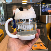 创意可爱动物猫咪小鱼透明玻璃杯茶水分离手柄女生妹子卡通泡茶杯 猫咪与鱼玻璃茶杯