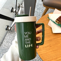 大容量马克杯陶瓷杯子ins北欧简约办公纯色咖啡杯男女情侣带盖杯 1971大容量带盖马克杯绿life+ 樱花吸管勺