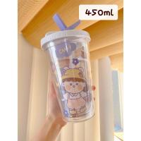 ins风韩国卡通女孩吸管杯少女心便携大容量随手杯塑料杯学生杯子 紫色 送杯刷