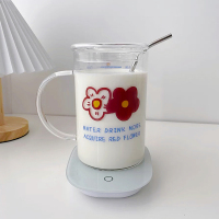 大容量玻璃水杯少女心可爱吸管杯大人学生便携超1000ml杯子高颜值 小红花大杯+加热垫+吸管+玻璃盖 带孔