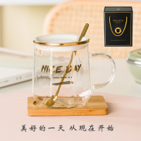 耐热玻璃杯子带把家用大容量水杯女网红茶杯子办公室马克杯带盖勺 NICEDAY白盖+木垫(礼盒装)