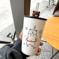 创意马克杯超萌带盖陶瓷杯带吸管情侣水杯男女学生大容量咖啡杯子 YM6262手绘熊吸管杯呼啦圈 450ML送吸管刷现