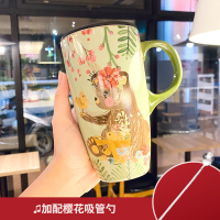 爱丽丝森林彩绘大容量陶瓷马克杯带盖卡通喝水杯子森系治愈插画 [高配]淡绿色森林杯-小熊A 加配樱花吸管勺