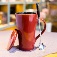 ins陶瓷杯创意大容量马克杯个性潮流情侣女带盖勺家用喝水茶杯子 C款-套装瓷盖勺