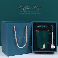 杯子陶瓷家用咖啡杯北欧ins大容量马克杯带盖勺办公室情侣水杯男 北欧墨绿-礼盒装