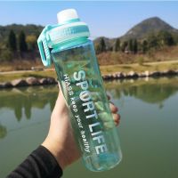 大容量简约个性塑料杯男女学生运动户外防漏便携水杯带刻度吸管杯 蓝色[塑料款] 杯子+吸管+布袋+杯刷+吸管刷