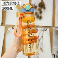 防摔塑料杯子男女学生水杯韩版网红ins高颜值大容量运动随手杯 活力撞色橙500ml 杯刷+杯带+布袋