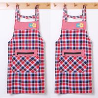 纯棉棉麻围裙长袖加厚加肥罩衣吊带围裙厨房防水反穿衣工作服拉链 红色 两花背带拉链兜-2件装