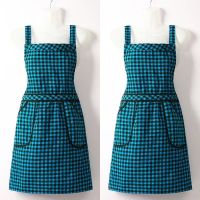 背带围裙女式坎肩纯棉布厨房家用做饭围腰防油污尘成人罩衣工作服 背带格子 蓝色.两件(送2抹布)