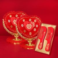 结婚用品红色镜子新娘嫁妆婚庆台式便携卡通新人陪嫁化妆镜 爱心喜款一对+梳子一对