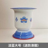 加高加厚搪瓷高脚痰罐 带盖带暖垫怀旧儿童老人用痰盂坐便器 尿桶 淡蓝大号(送防滑圈) +盖子+坐垫+底座刷