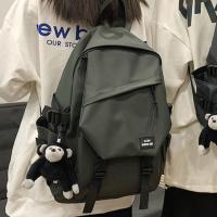 书包男大学生ins潮牌 校园背包男双肩包女韩版简约百搭旅行电脑包 绿色+猩猩挂件