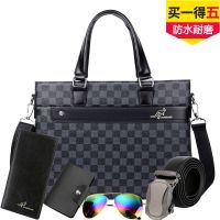 男士手提包新款时尚商务休闲公文包单肩包斜挎包男包背包 黑手提五件套(钱包+卡包+腰带+眼镜