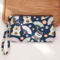 手机零钱包女手拿包长款钱包耳机线充电宝收纳袋帆布装钱小包包 藏蓝柴犬