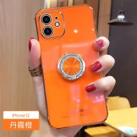 苹果12pro手机壳水钻支架iPhone12网红女款全包气囊防摔超薄外壳 丹霞橙[水钻指环]镜头全包 超薄手感 苹果12