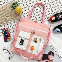 帆布包单肩大容量斜跨包学院风初中书包日系ins手提包简约补习包 粉色 送四个徽章+鲷鱼公仔