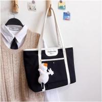 大容量单肩帆布包女2020新款通勤简约托特包复古百搭大学生上课包 黑色[裸鸭挂件]