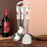 厨具大全锅铲套装厨房用品防烫隔热烹饪炊具煎铲汤勺饭漏勺不锈钢 套装六件 送架子 幽紫玫瑰花