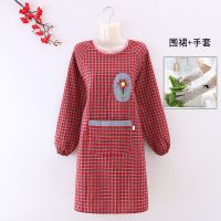 罩衣女上衣大人长袖厨房家用做饭干活穿围裙纯棉时尚工作服女秋冬 长袖手工花红色+手套